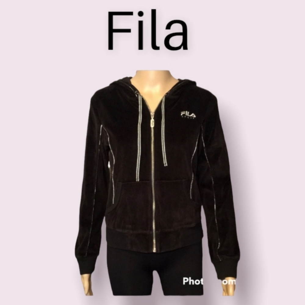 Fila Velour Black Zippered Front Hoodie - Large